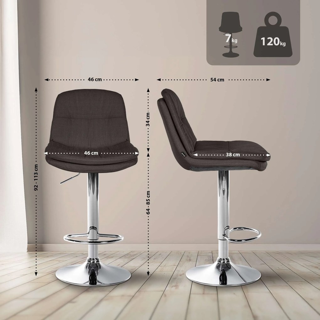 Banco de bar em tecido com estrutura prateada 92-113 x 46 x 54 cm cinzento escuro