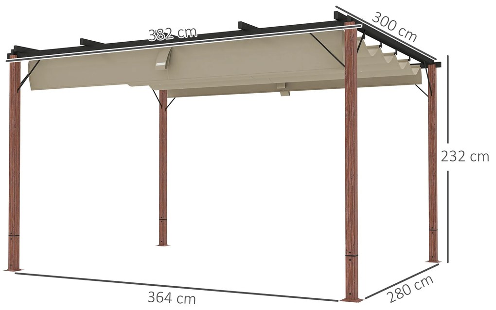 Pérgola com Teto Retráti Pérgola de Aluminio 382x300x232 cm com Toldo de Poliéster Anti-UV Pérgola de Jardim Bege e Madeira