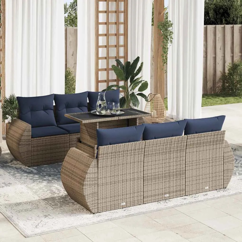 7 pcs conjunto sofás jardim almofadões vime PE/acácia cinzento