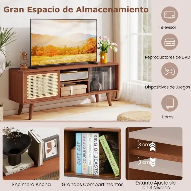 Móvel de TV moderno 120,5 x 31 x 45,5 cm em bambu até 55'' com Portas deslizantes em vime Prateleira Castanho