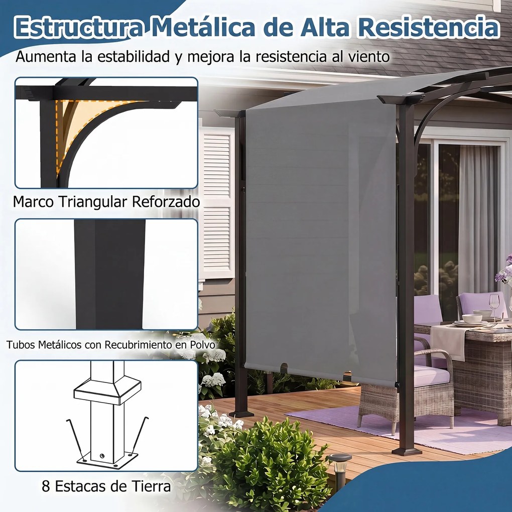 Pérgola Retrátil de Exterior, 305 x 242 x 233 cm, Teto Arqueado, Cinzento