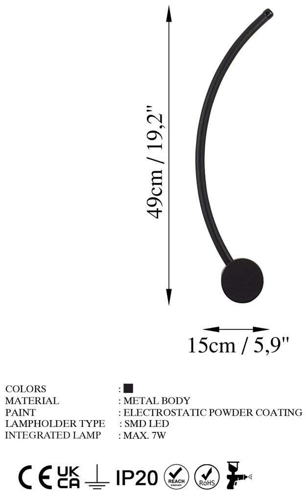 Candeeiro de Parede Uyan - Preto - 49cm x 15cm x 10cm
