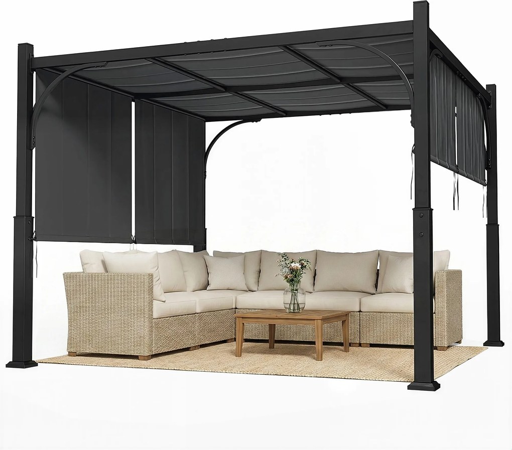 Pérgula de jardim de 3 x 3 m com Tenda deslizante, estrutura metálica, para exterior, cinzento escuro