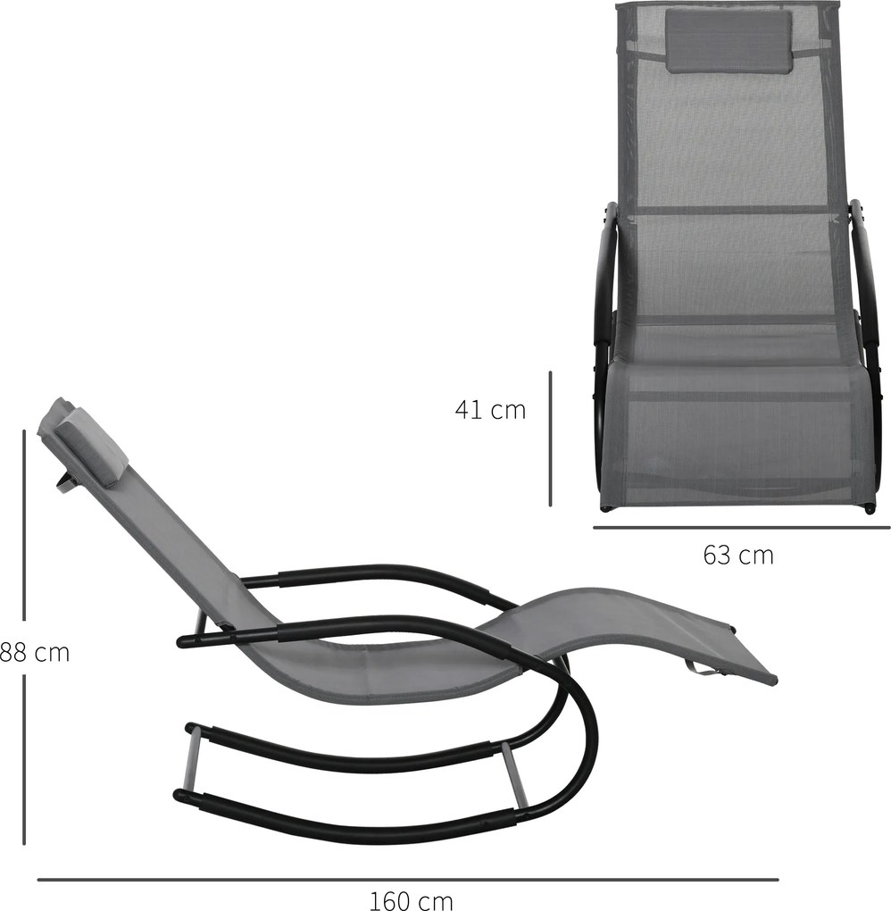Cadeira de baloiço ergonómica com apoio para a cabeça, braços em metal galvanizado e tecido Textilene cinzento