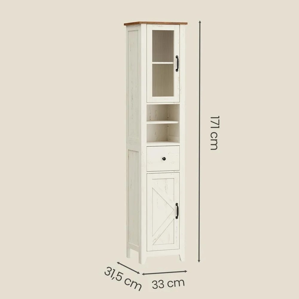 Armário de casa de banho em estilo rústico 31,5 x 33 x 171 cm, armário de casa de banho estreito, Branco-castanho
