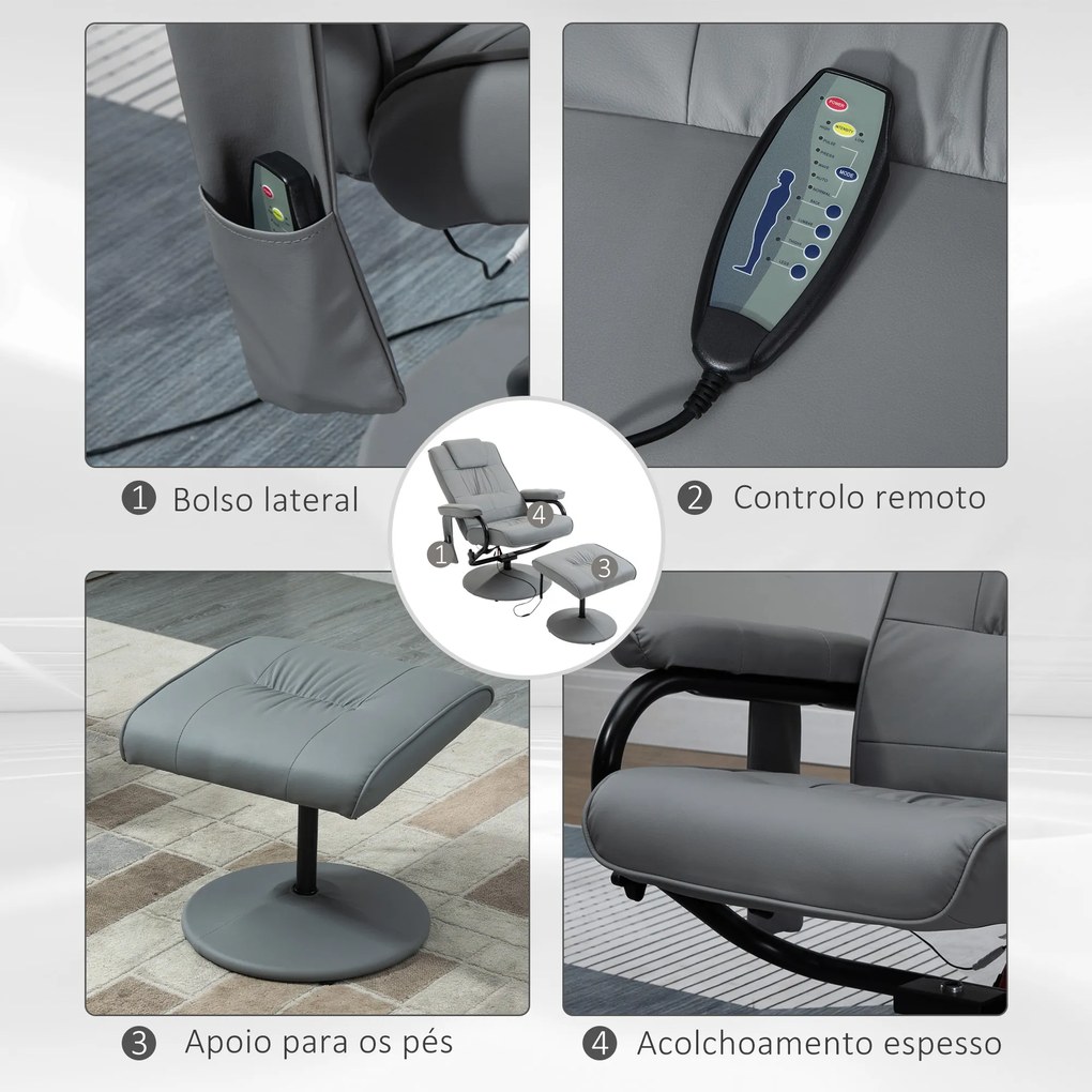 Poltrona de Massagem com Banco Poltrona Relax Giratório Reclinável 145° com 10 Pontos de Massagem 77x84x102 cm Cinza