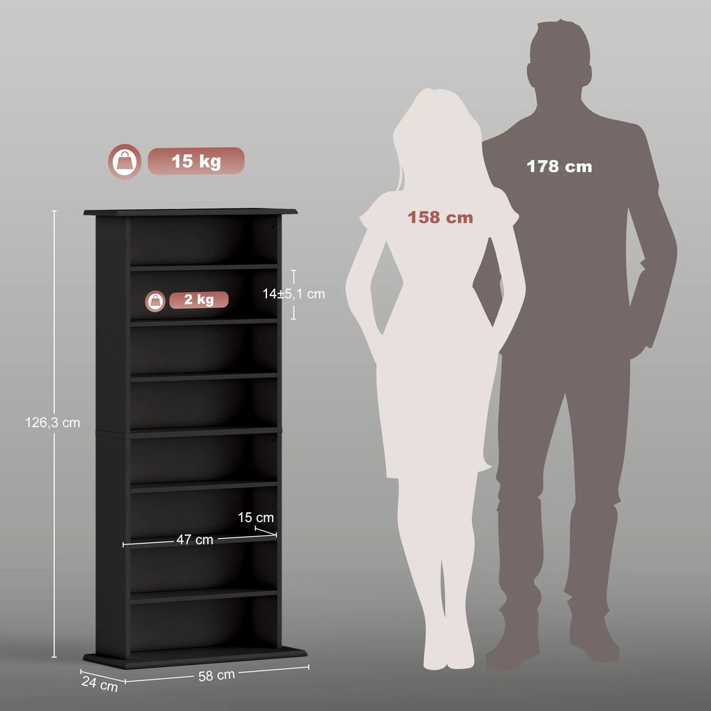 Organizador para CD e DVD com 8 compartimentos e 6 prateleiras ajustáveis, capacidade máxima de 360 CD/185 DVD e Blu-ray, preto