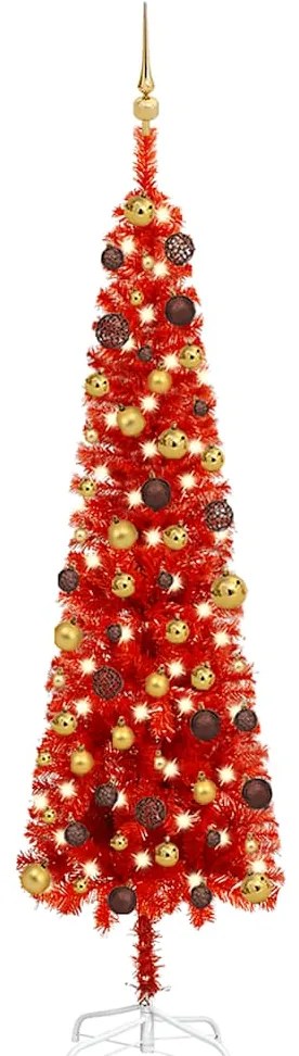 vidaXL Árvore de Natal pré-iluminada fina com bolas 180 cm vermelho