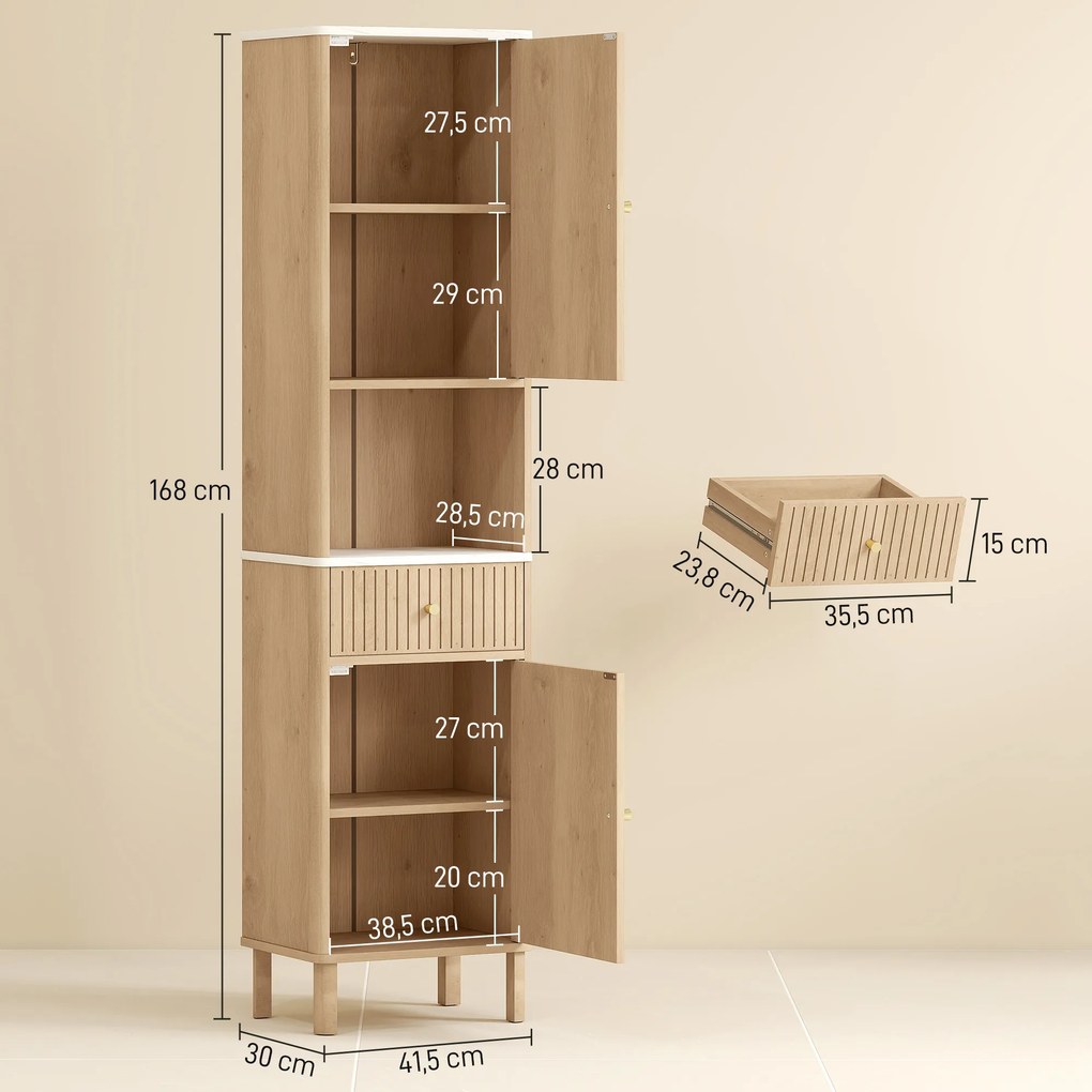 Coluna de casa de banho 41,5 x 30 x 168 cm, móvel de arrumação em coluna com gaveta deslizante silenciosa, 2 portas, cor carvalho