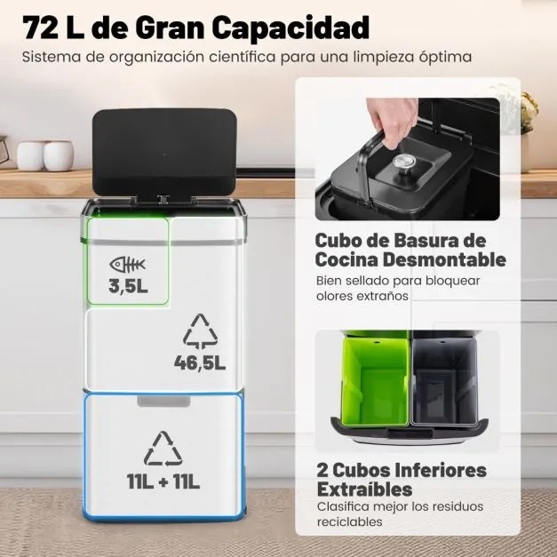 Caixote do lixo em aço inoxidável 72 L com sensor de movimento 2 baldes Tampa aberta e fecho suave Caixote do lixo de cozinha Prata