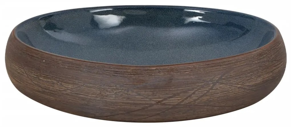 Lavatório de bancada oval 59x40x15 cm cerâmica castanho e azul