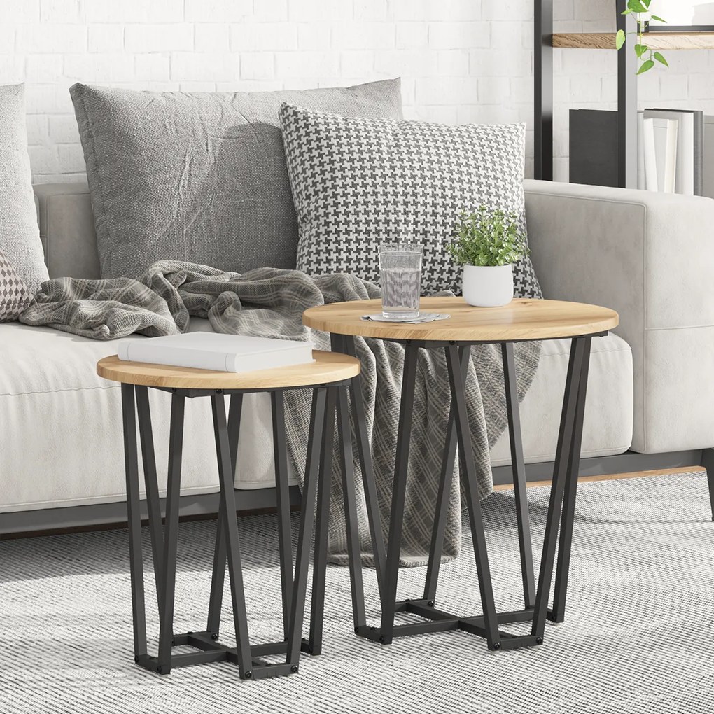 Conjunto de Mesas Laterais 2 pcs Carvalho Artesanal em Madeira e Metal