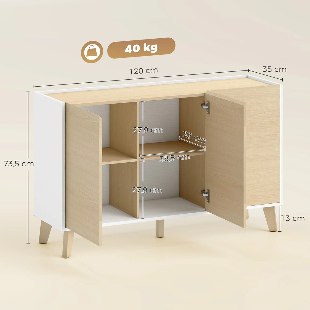 Armário de cozinha 120 L x 35 P x 73,5 A cm, móvel de arrumação de estilo nórdico, 3 portas com fecho suave, 6 compartimentos, cor madeira natural e b