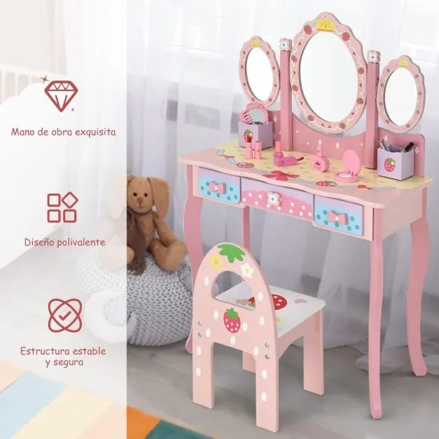 Conjunto de Toucador para Crianças com Mesa e Cadeira Mesa de Maquilhagem 2 em 1 com Espelho Tri-Flex Destacável e Gavetas Princesa Rosa