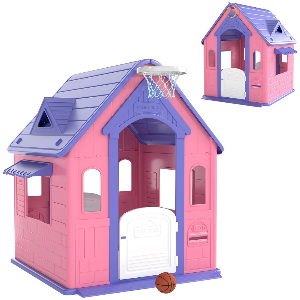 AIYAPLAY Casa de Jogos para Criaanças com Lançamento de Aros e Cesta de Basquetebol 132x118x124 cm Rosa e Roxo | Aosom Portugal