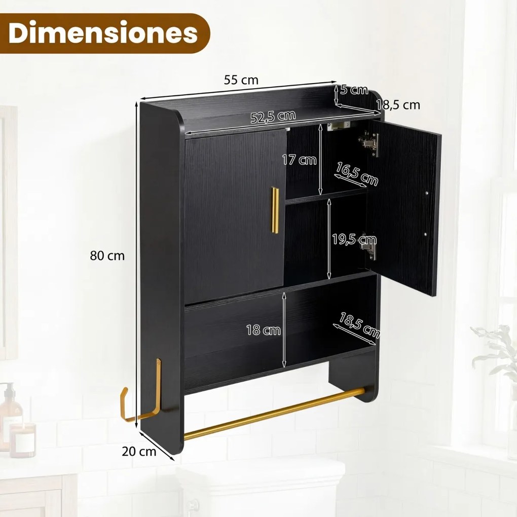 Armário para casa de banho parede, 55 x 20 x 80 cm, com portas, prateleira ajustável e barra para pendurar Preto