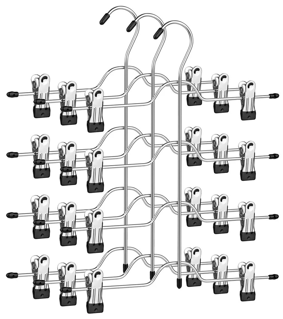 Cabides para saias e calças SONGMICS com presilhas, conjunto de 3 cabides de metal com 4 níveis que economizam espaço, com 8 presilhas antiderrapantes ajustáveis, para calças, jeans, toalhas, shorts, 32 cm, prata e preto CRI042BK