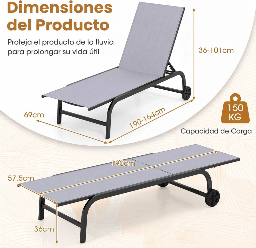 Conjunto de 2 Espreguiçadeiras de Jardim, 190 x 69 cm, Encosto Ajustável em 6 Posições, Cinzento
