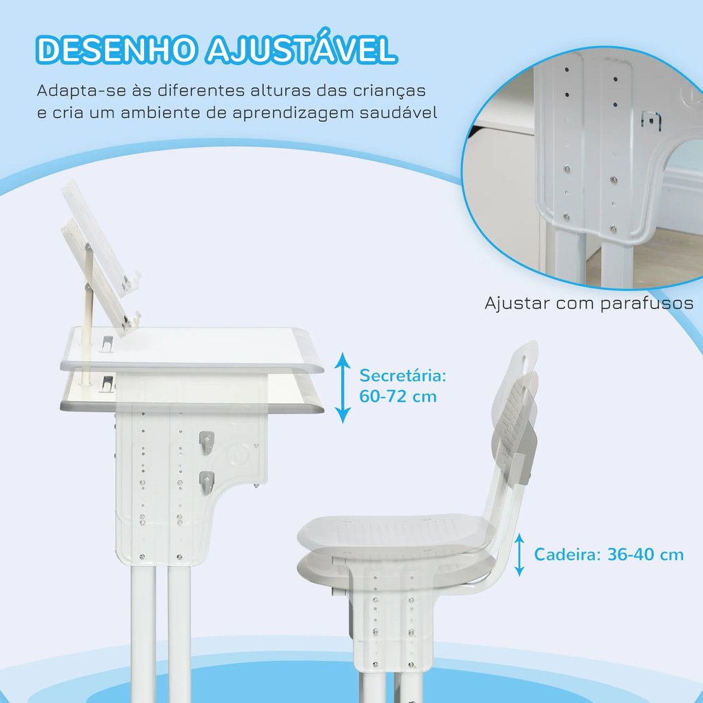 HOMCOM Conjunto de Secretária e Cadeira para Crianças de 6-12 Anos Secretária Infantil com Altura Ajustável 1 Gaveta 1 Suporte para Lápis e 1 Prateleira para Livros 60x45x90-120 cm Cinza