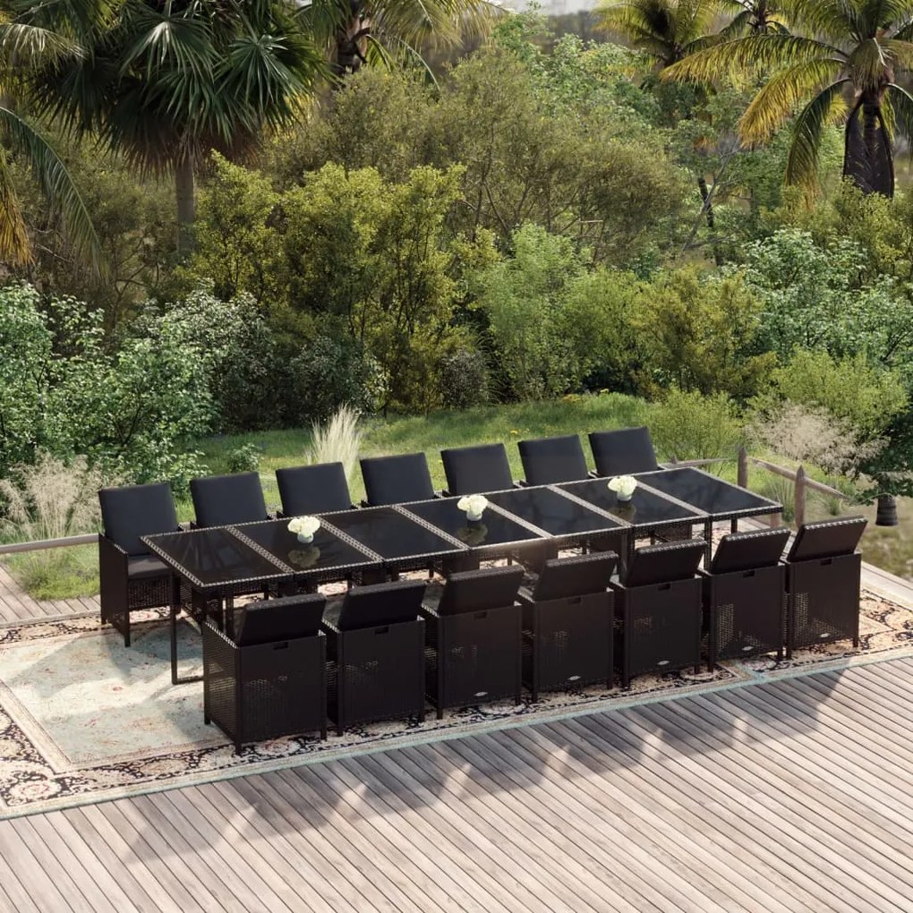 vidaXL 15 pcs conjunto jantar p/ jardim c/ almofadões vime PE preto