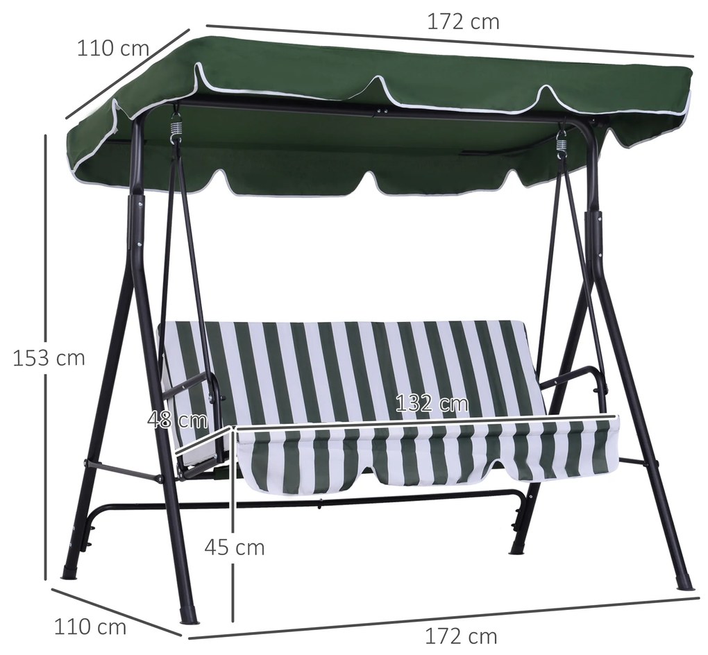 Baloiço de Jardim de 3 Lugares com Almofada Toldo Ajustável e Estrutura de Aço para Balcão Terraço 172x110x153 cm Verde