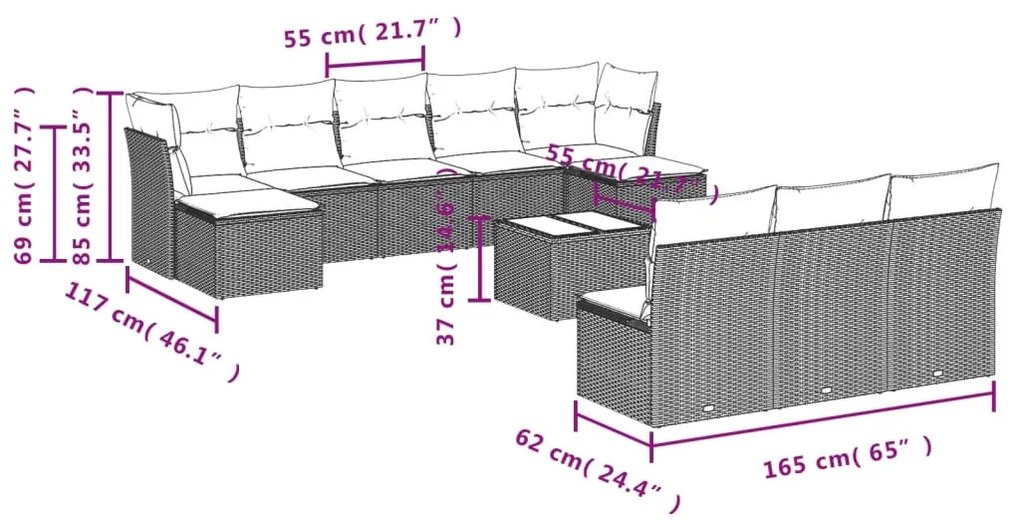 11 pcs conjunto sofás de jardim c/ almofadões vime PE cinzento