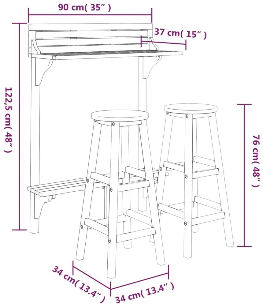 3 pcs conjunto de bar para jardim madeira de acácia maciça
