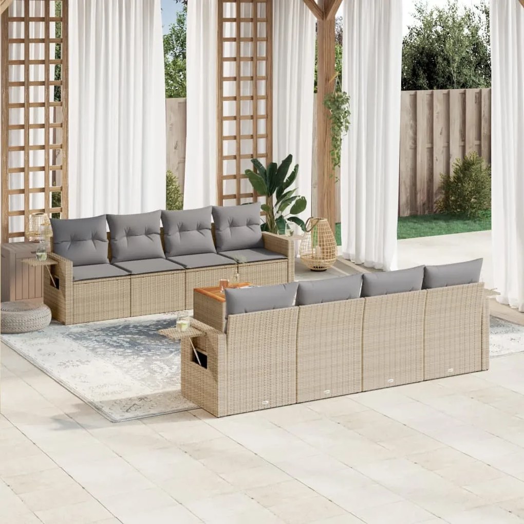 9 pcs conjunto de sofás p/ jardim com almofadões vime PE bege