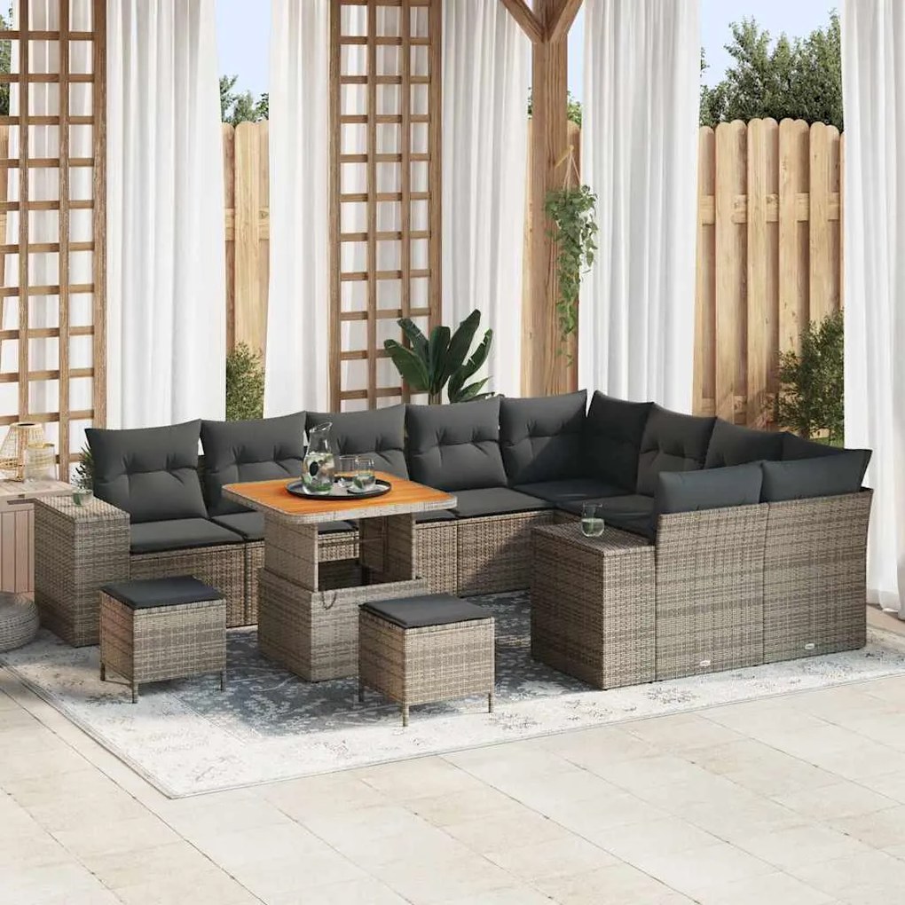 vidaXL Conjunto de Sofá de Jardim com 12 Peças e Almofadas Cinzas em Rattan Poliéster e Acácia