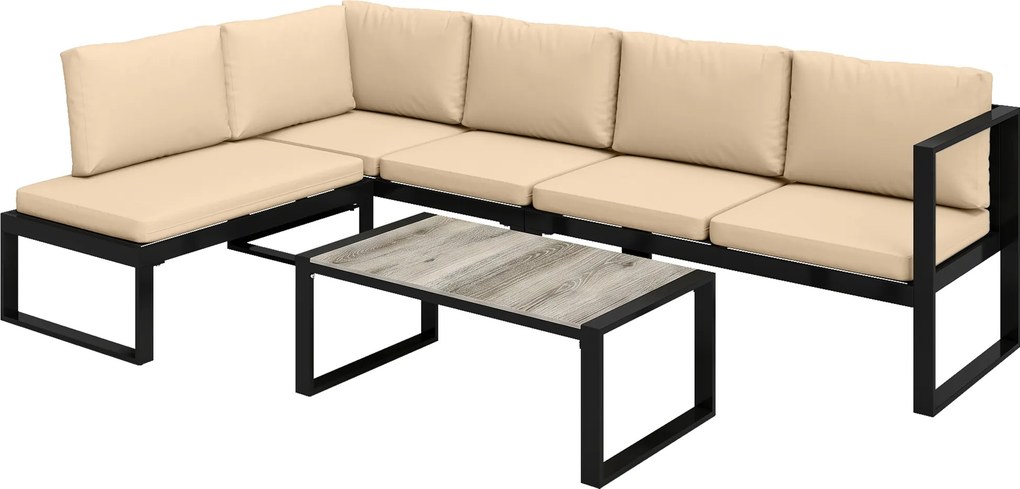 Outsunny Conjunto de Jardim Exterior de 4 peças com 2 Sofás de 2 Lugares 1 Cadeira sem Braços e Mesa de Centro com Almofadas Cáqui | Aosom Portugal