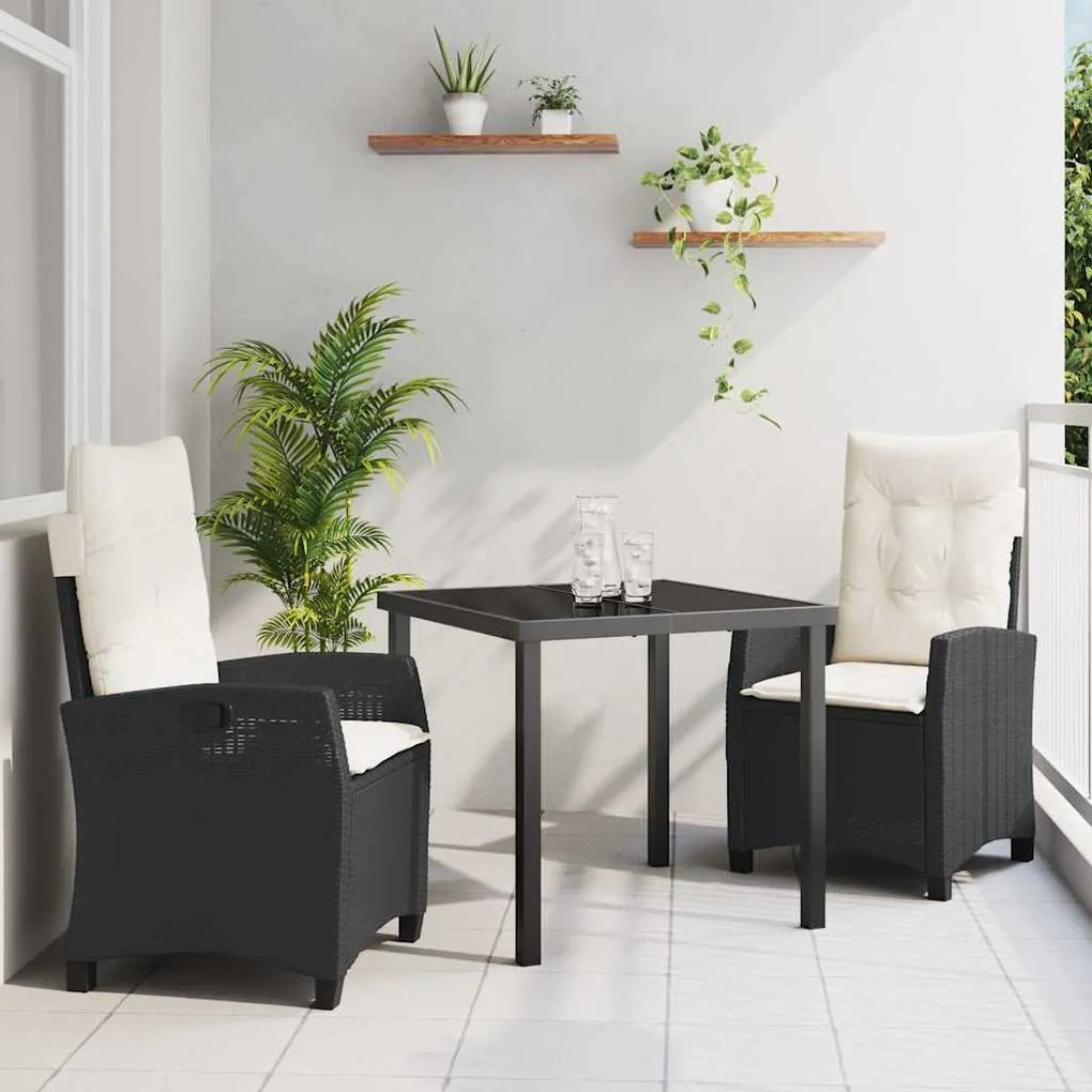 vidaXL Conjunto de Jantar de Jardim com 3 Peças e Almofadas Pretas em Rattan Sintético.