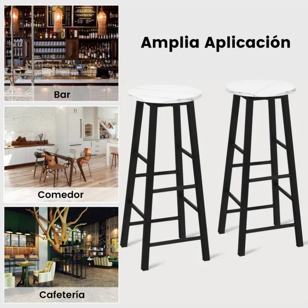Conjunto de 2 bancos altos de mármore sintético rústico para bar Cadeiras altas com assento redondo para sala de jantar com apoio para os pés para bar