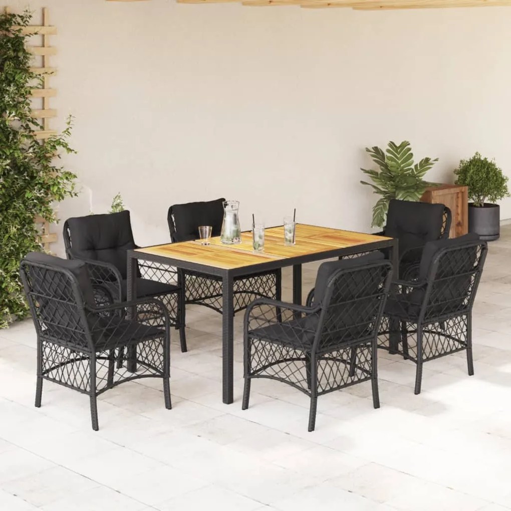 7 pcs conjunto de jantar p/ jardim c/ almofadões vime PE preto