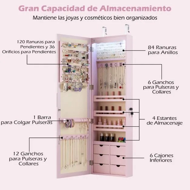 Armário para joias com espelho 6,5 x 11,5 x 120 cm, iluminação LED, 6 gavetas, fechadura, prateleira para organizador de joias, para montar na porta e