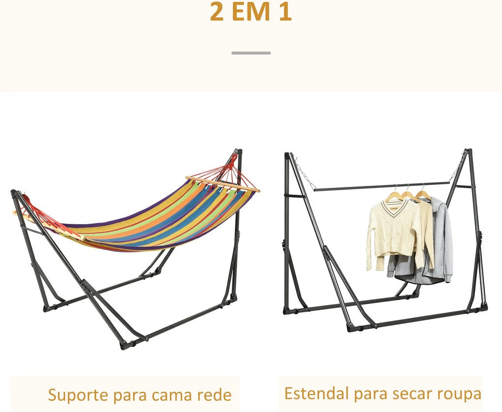 Cama Rede com Suporte Dobrável 2 em 1 com Barra Estrutura de Aço para Jardim 270x100x94 cm Multicolor