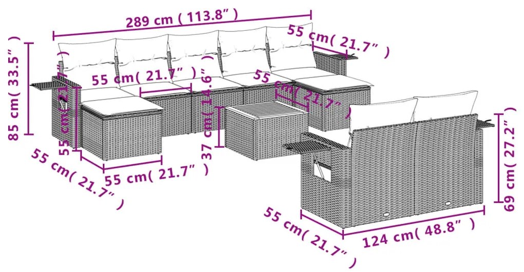 10 pcs conjunto sofás de jardim c/ almofadões vime PE preto