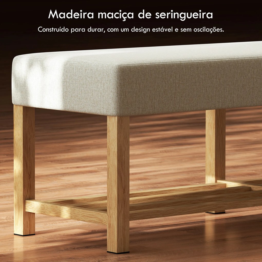 Banco Sapateira com Assento Acolchoado para 2 Pessoas Prateleira Aberta Estrutura de Madeira 140x44x48 cm Creme e Madeira