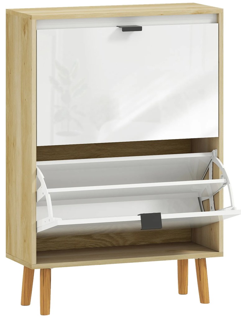 HOMCOM Sapateira Estreita com 2 Portas em Branco Brilhante e Estantes Ajustáveis Pés de Madeira para 12 Pares de Sapatos 60x24x91 cm | Aosom Portugal