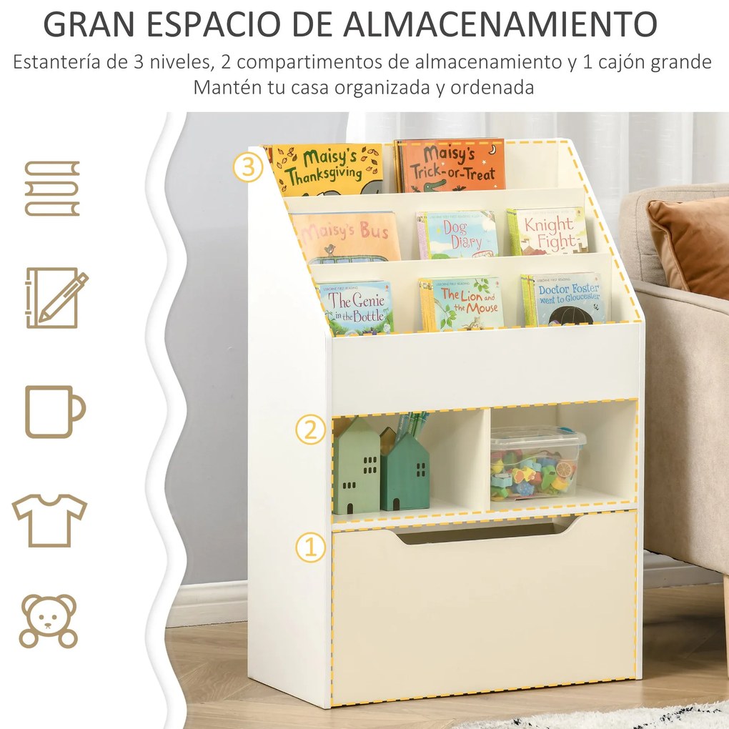 Estante de Madeira para Brinquedos com 3 Compartimentos 2 Cubos e Gaveta Móvel com 4 Rodas Estante para Livros Infantil para Dormitório Infantil Sala