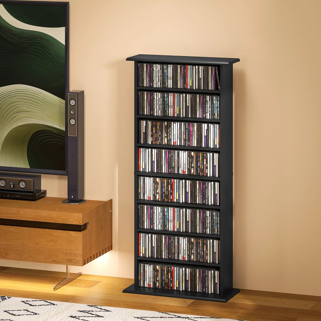 Organizador para CD e DVD com 8 compartimentos e 6 prateleiras ajustáveis, capacidade máxima de 360 CD/185 DVD e Blu-ray, preto
