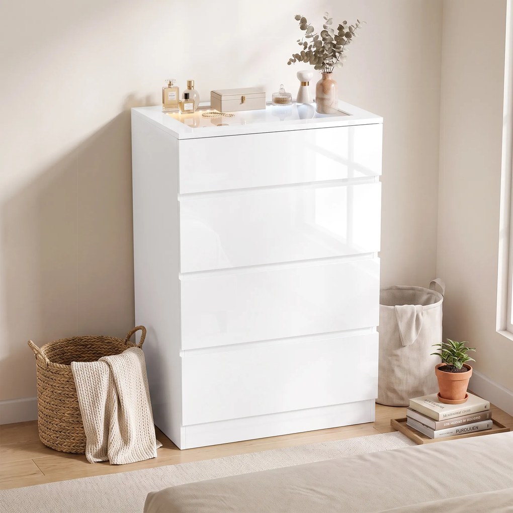 Cómoda Moderna 4 Gavetas Com Luzes LED 60x40x90 cm Branca