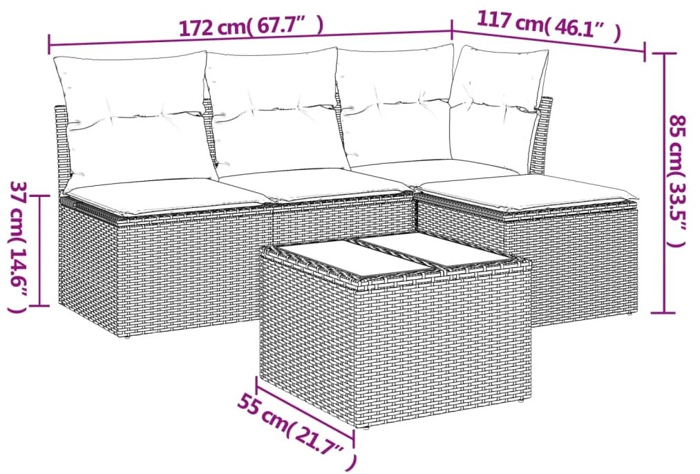 5 pcs conjunto de sofás p/ jardim com almofadões vime PE bege