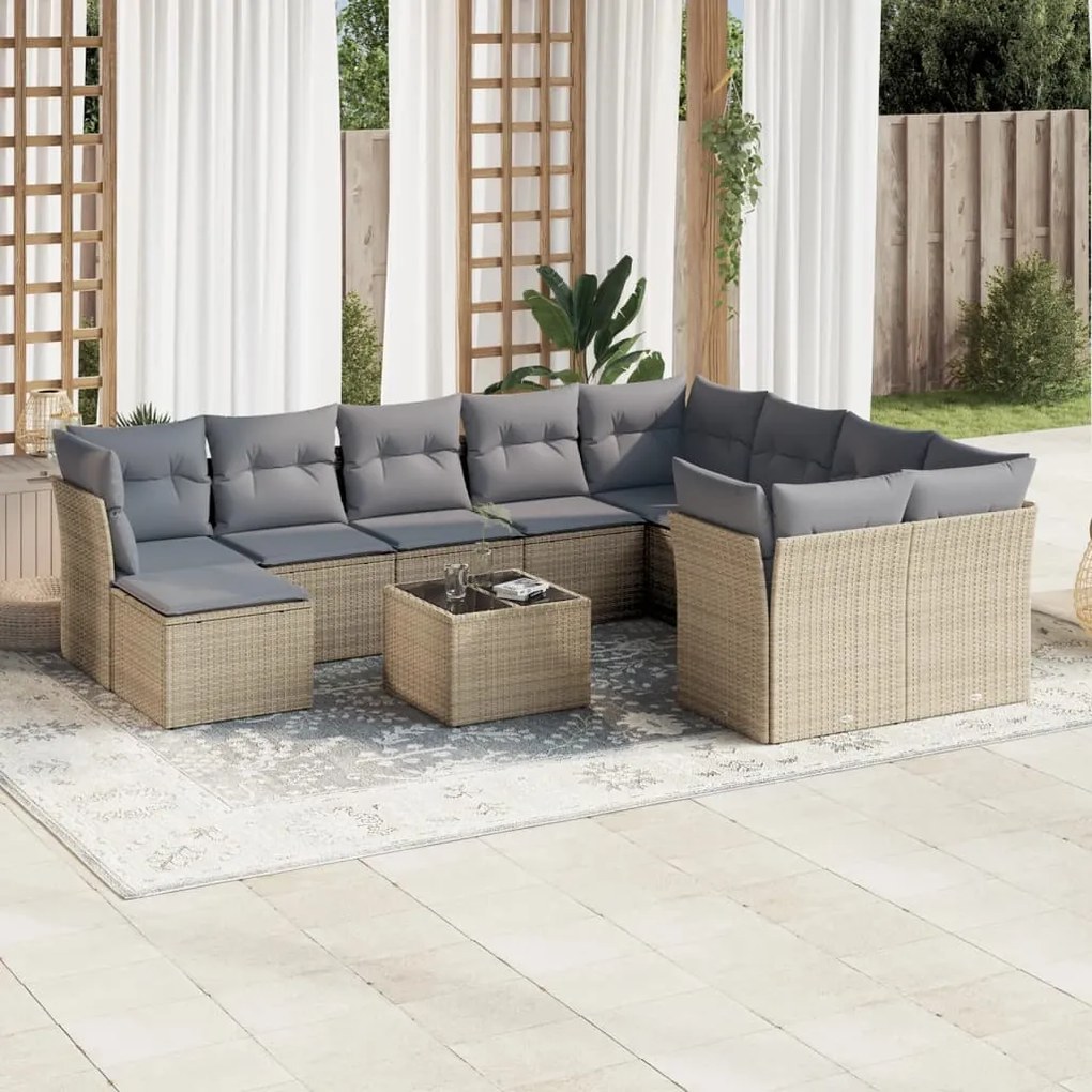 11 pcs conjunto sofás de jardim c/ almofadões vime PE bege