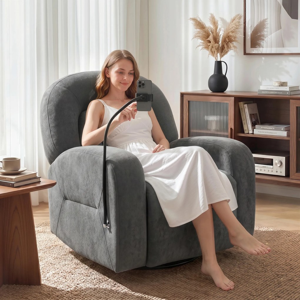 Poltrona Relax Reclinável 3 em 1 com Função de Baloiço Rotação 360° Suporte para Telemóvel Assento Amplo Cinzento