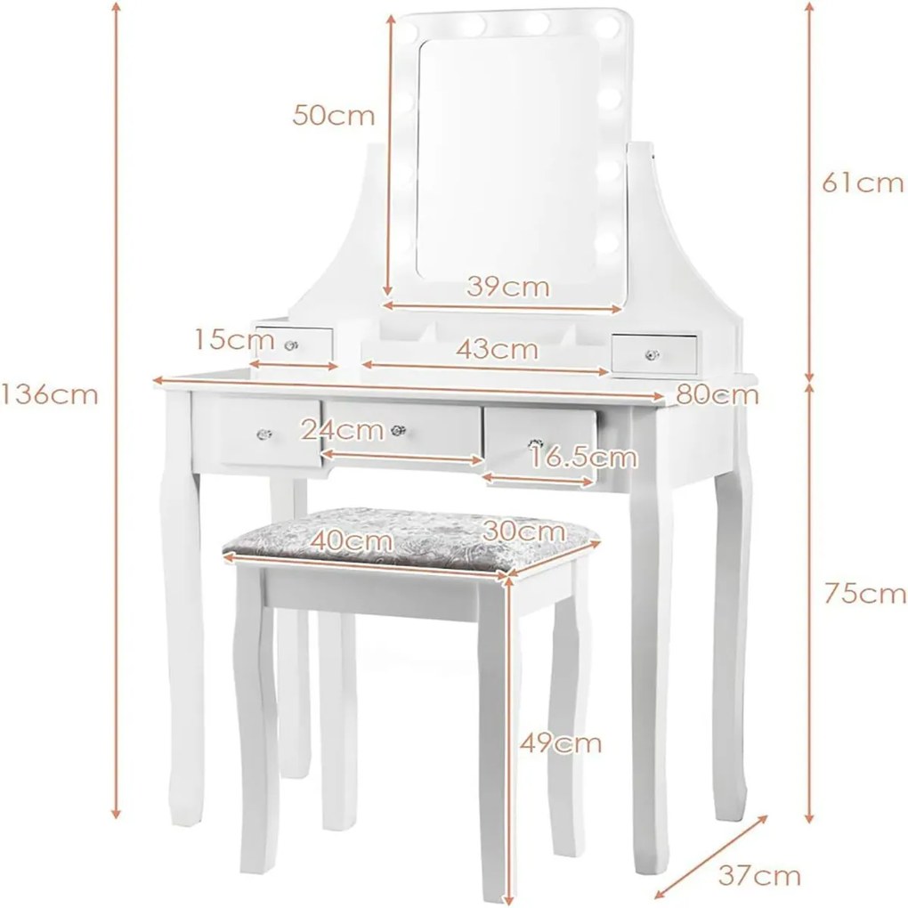 Toucador de madeira e banco com espelho giratório, luzes ajustáveis, 5 gavetas, caixa de armazenamento para quarto, closet branco