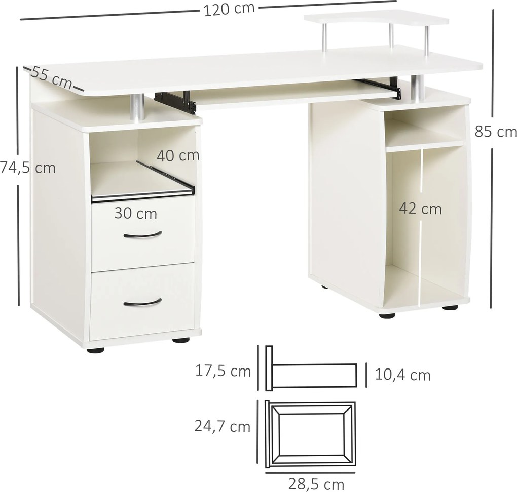 Mesa de Computador com Prateleiras 2 Gavetas Bandeja de Teclado e Suporte para Monitor e CPU 120x55x85 cm Branco