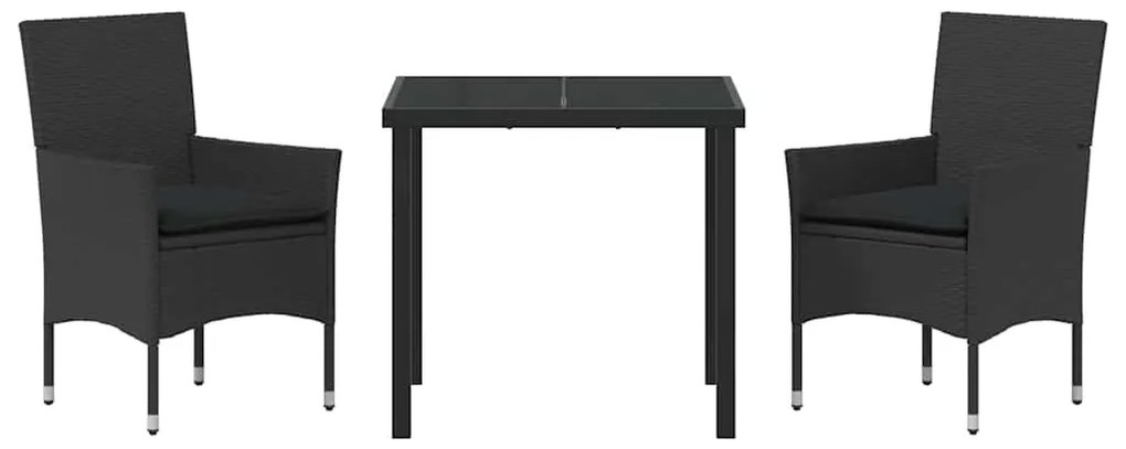 Conjunto de Jantar de Jardim em 3 Peças com Almofadas Pretas em Rattan