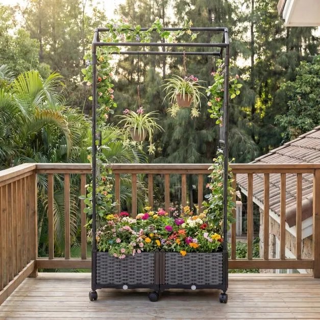 Floreira de jardim 81 x 40 x 162 cm com rega automática, com treliça e rodas bloqueáveis em rattan para plantas trepadeiras, tomates ou flores, cinza
