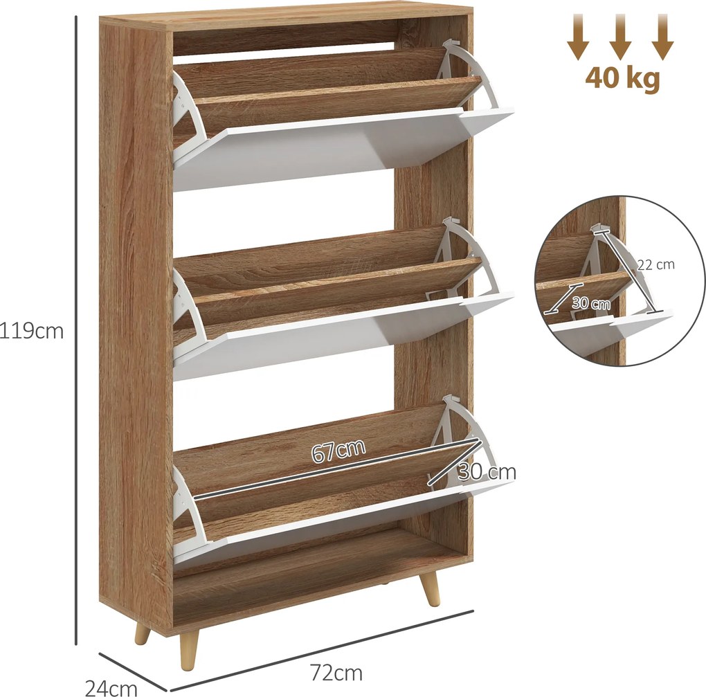 Spateira, Armário para sapatos com 3 portas basculantes e prateleira ajustável, 72 x 24 x 119 cm, em tom natural e branco