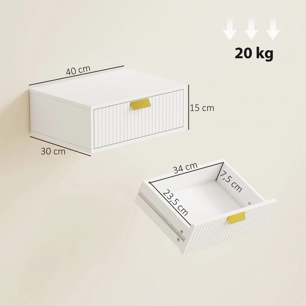 Conjunto de 2 Mesas de Cabeceira Murais, 40 x 30 x 15 cm, Instalação Ajustável em Altura, Branco